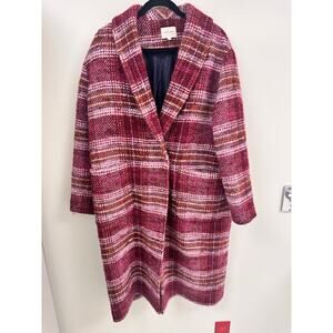 Sézane Wool Blend Plaid Oversized Coat Pink Red Check Longline Jacket Size 36